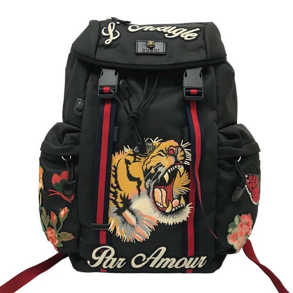 Gucci Tiger Backpack Travel Bag Push Lock Techno Canvas Black - Picture 2 of 9